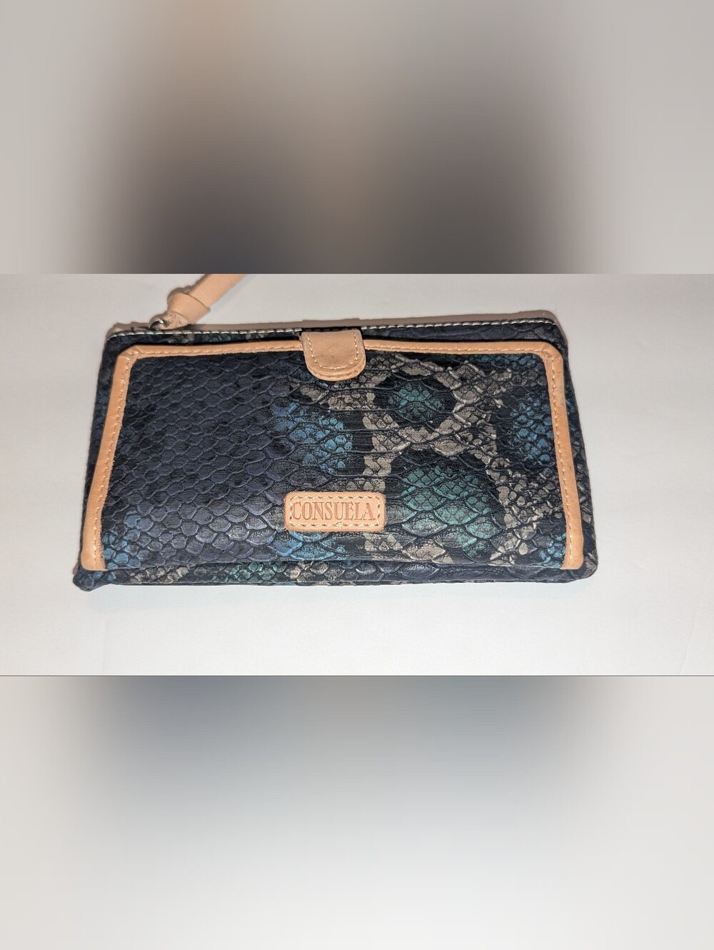 Consuela Black Teal Snake-Print Wallet with Tan Trim